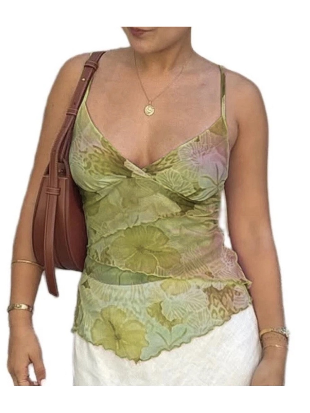 Olive Green Floral Sheer Mesh Cami - V-Neck Adjustable Straps